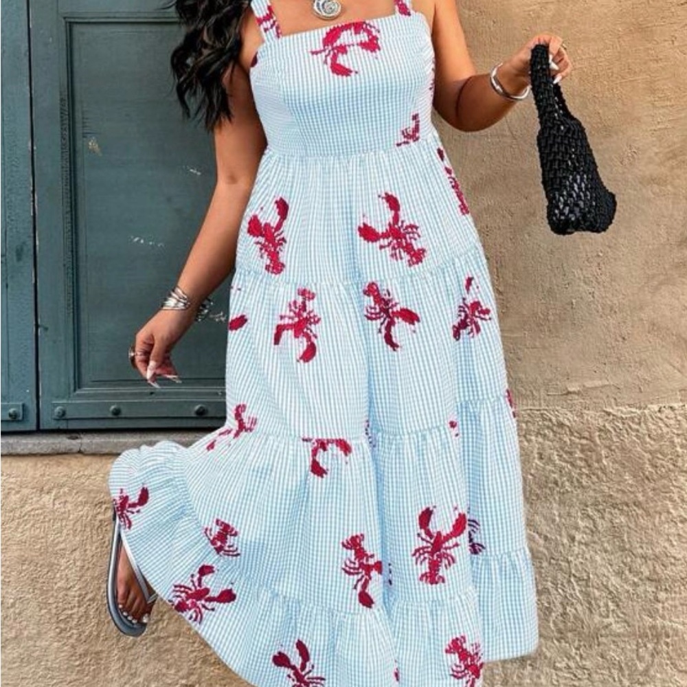 SHEIN Red and White Lobster Print Maxi Dress